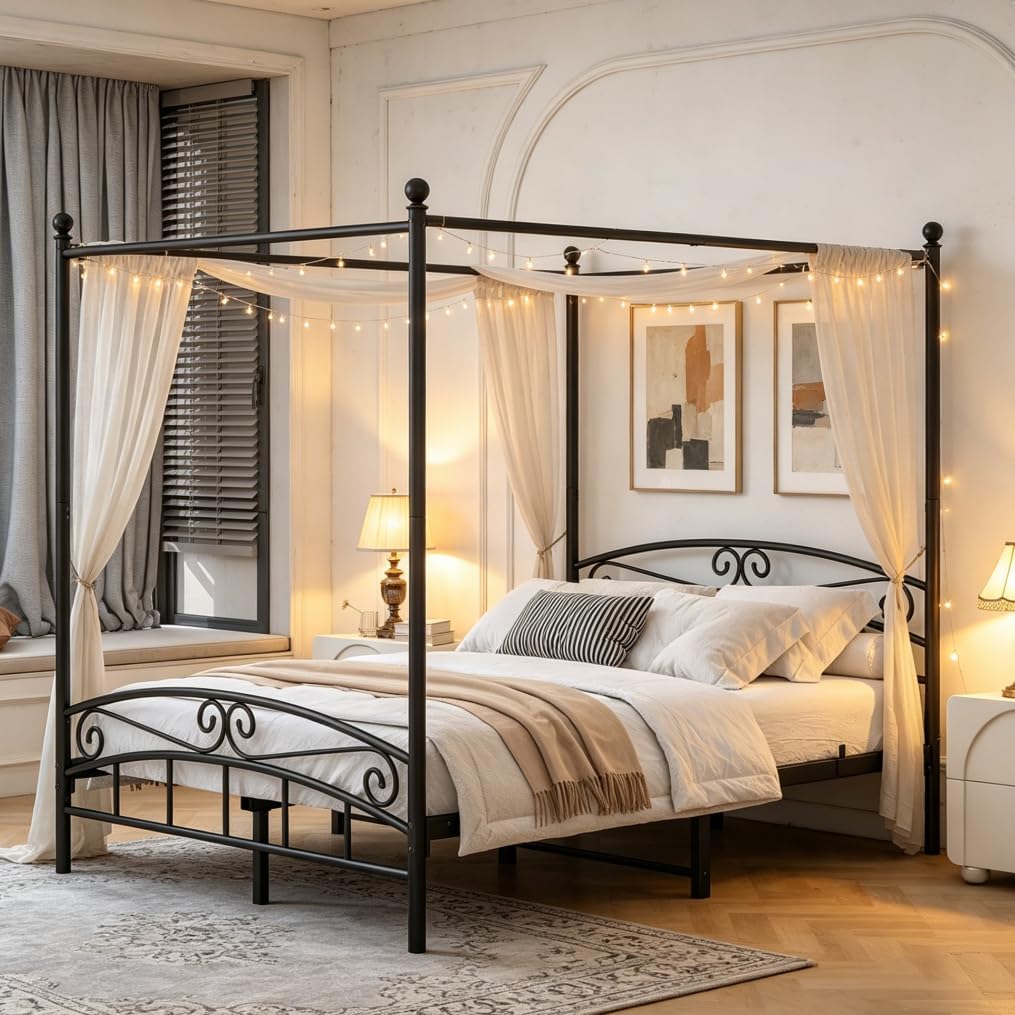 Bellemave Queen Canopy Bed Frame, Metal Canopy Platform Bed, No Box Spring Needed, Black with Headboard