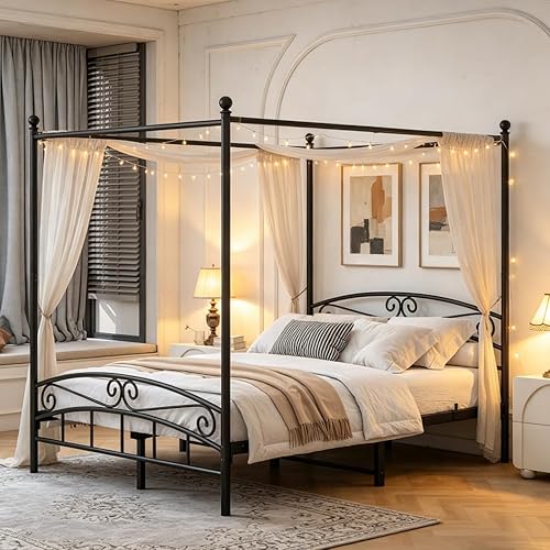 Bellemave Queen Canopy Bed Frame, Metal Canopy Platform Bed, No Box Spring Needed, Black with Headboard