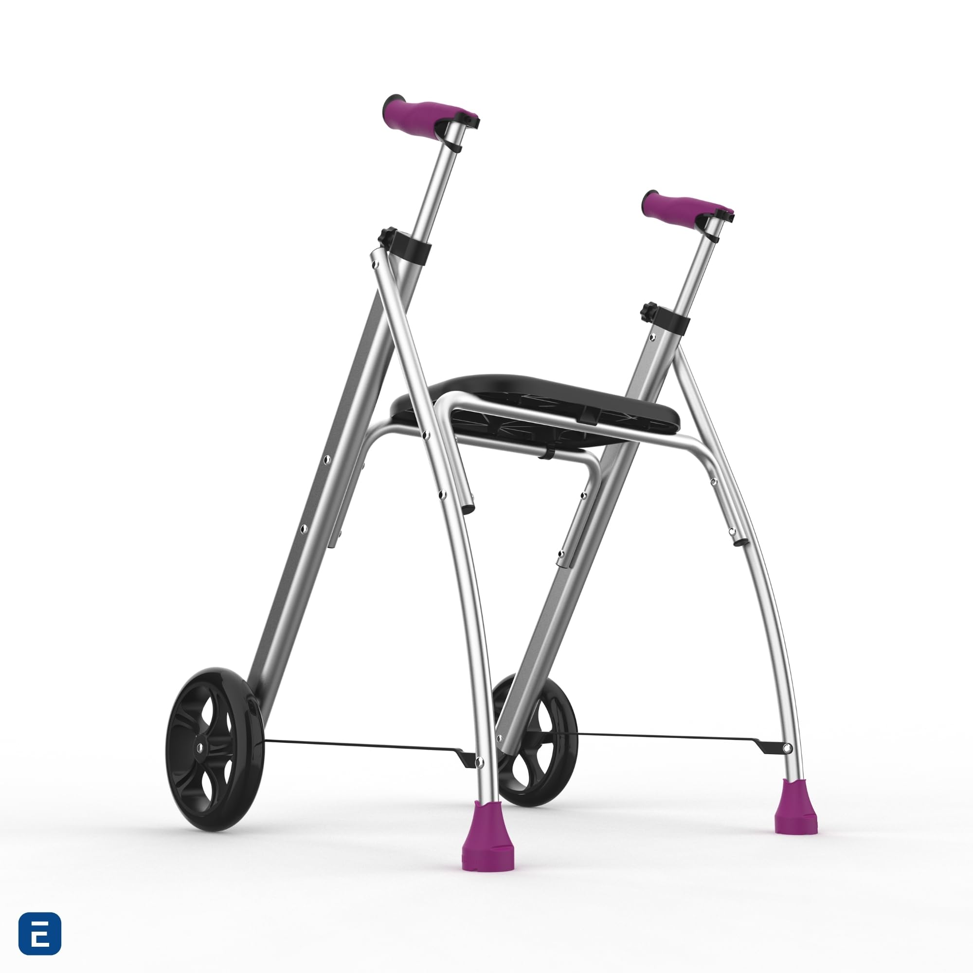 INDESmed - Andador Plegable con Asiento de Aluminio para ancianos, personas con movilidad reducida o rehabilitación. Ajuste preciso, Mango antitendinitis y antideslizante, 2 Ruedas (Morado)