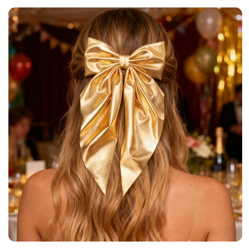Large Metallic Gold Hair Bow with Long Tails Ribbon Bowknot Clips for Women Girls Sparkly Big Bows Metallic Barrettes for Women Girls Glitter Christmas Birthday Hair Accessories for Tea Party Outfits - Image 3