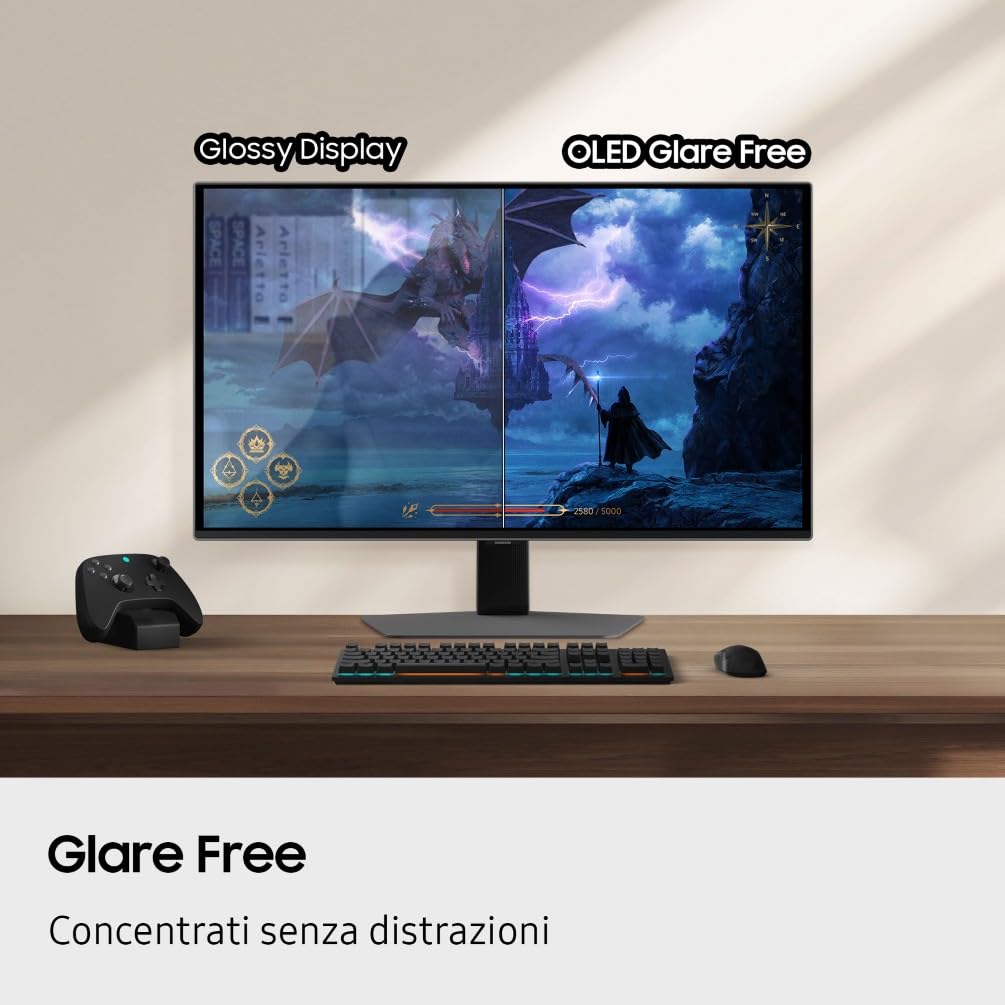 Samsung Monitor Gaming Odyssey OLED G60SF (S27FG602SU), Flat, 27'', 2560x1440 (QHD), 16:9, QD-OLED Glare Free, 500Hz, 0,03ms (GtG), Compatibilità G-Sync, HDMI, DP, Ingresso Audio, HAS, Pivot