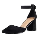 Women's Pointed Toe Low Chunky Heels Closed Toe Ankle Strap Dress Pump Shoes - Available in Wide Sizes