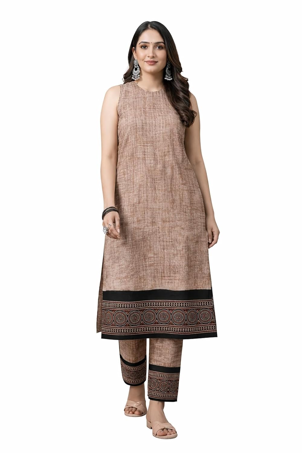 Women Khadi Cotton Hand Brush Printed Kurta Pant Co-Ord Set Sleeveless
