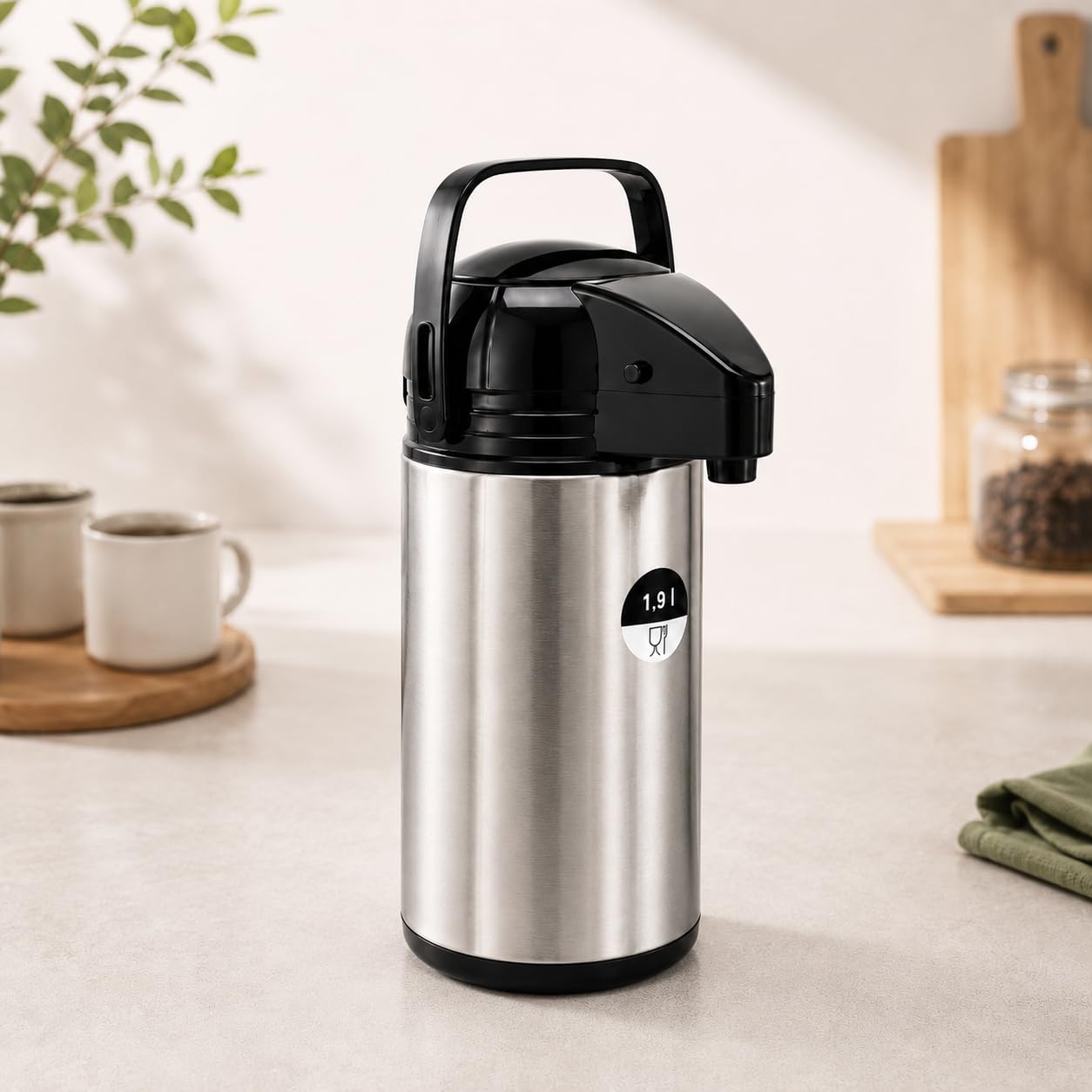 Airpot Pumpkanne 1,9L Isolierkanne Thermoskanne isolierte Kaffeekanne Gastro Kaffeespender aus Edelstahl mit Glaseinsatz & GRATIS-HLKauf-Block