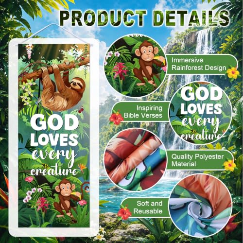 Image of Panelee 4 Pcs Rainforest Falls Porch Banner Sunday School 2026 VBS Decoration Jungle Forest Religious Bible Verse Hanging Backdrop for Tropical Church Classroom Wall Indoor Outdoor Decor