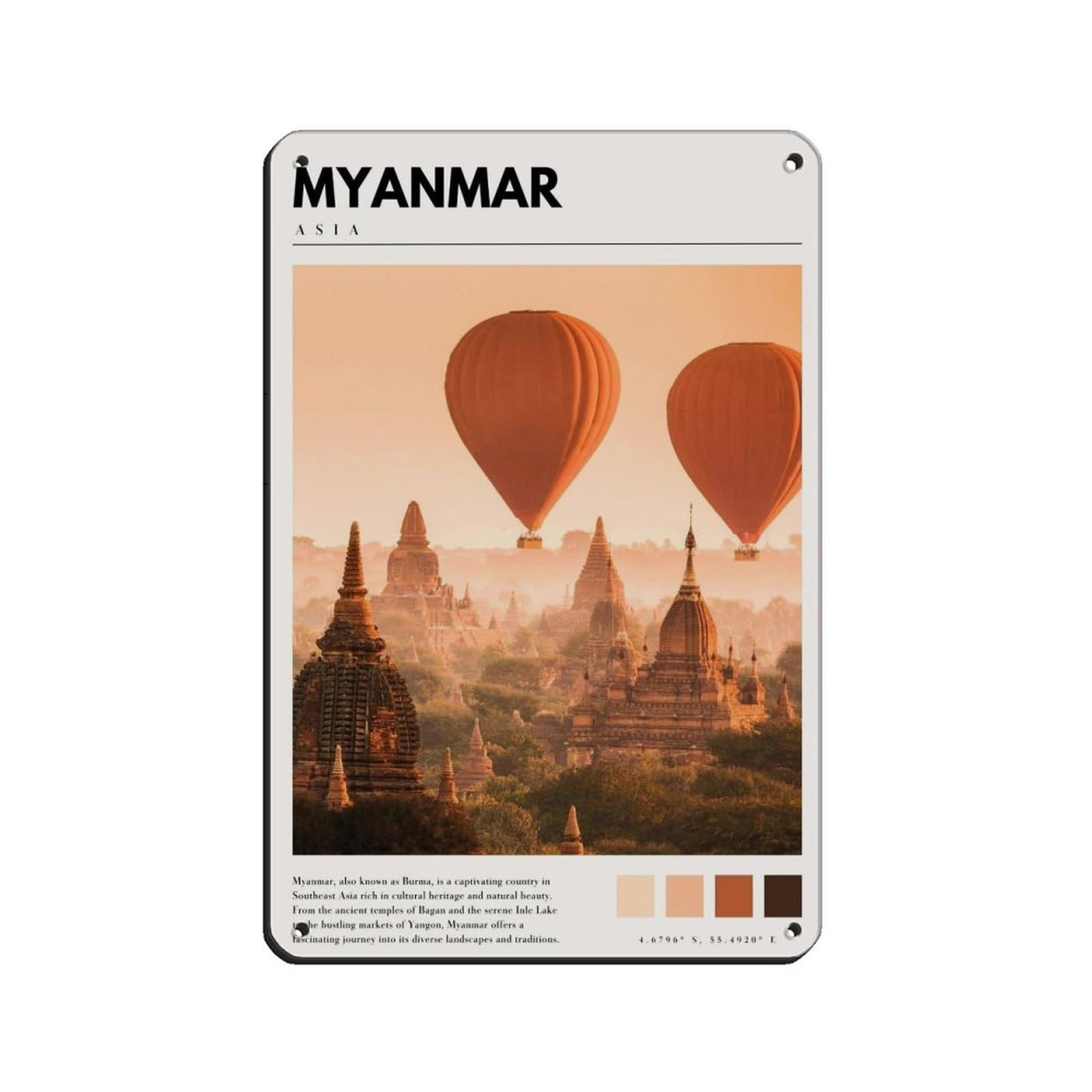 Myanmar Burma Poster Myanmar Yangon Bagan Tin Sign Vintage Metal Pub Club Cafe Bar Home Wall Art Decoration Poster Retro 8x12inch(20x30cm)