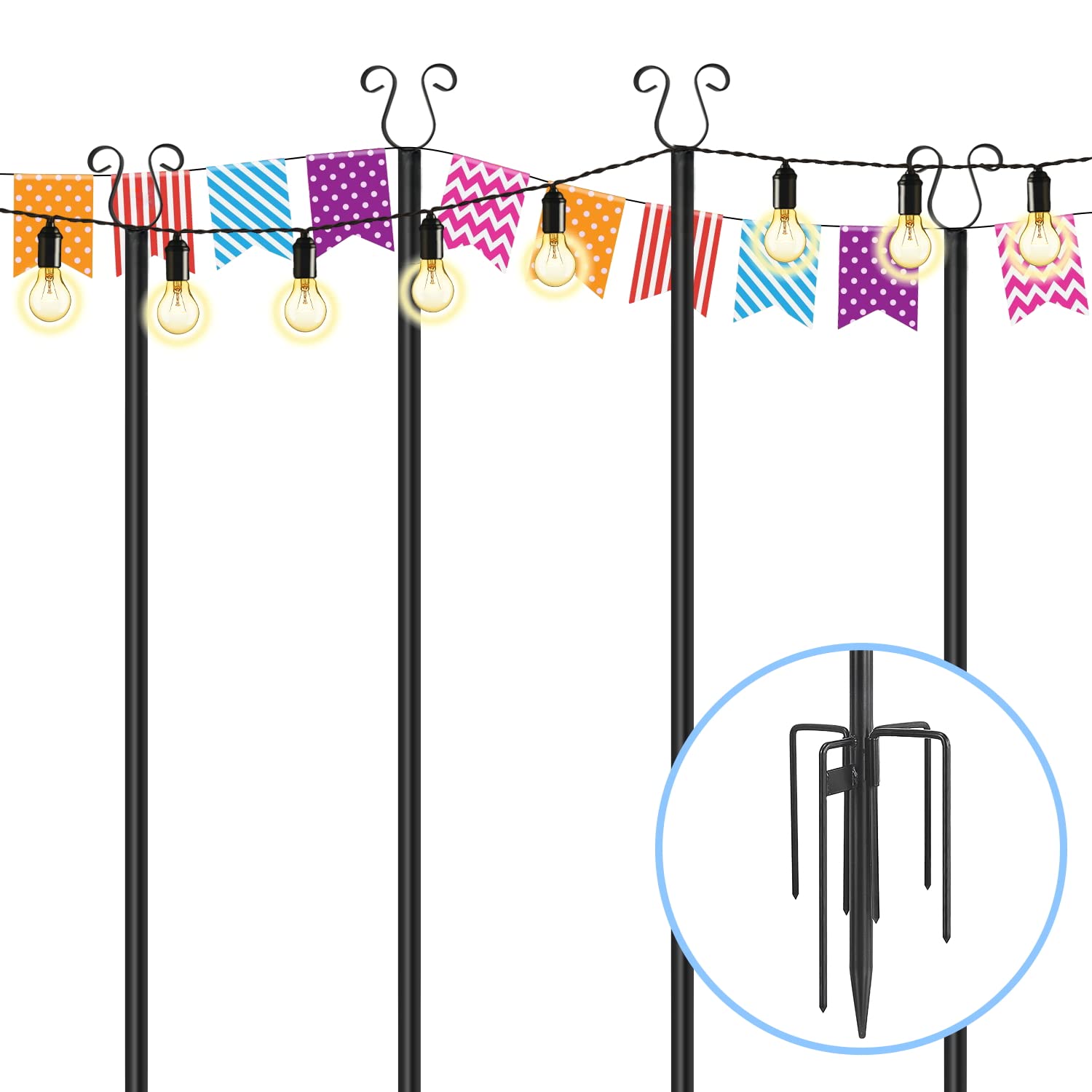 MIXXIDEA Outdoor Metal String Light Poles 10 FT Garden Poles for String Lights with Hooks for Hanging Holiday Lights from 5-Prong Lighting Stand,Garden Poles for Events and Weddings Pack of 4