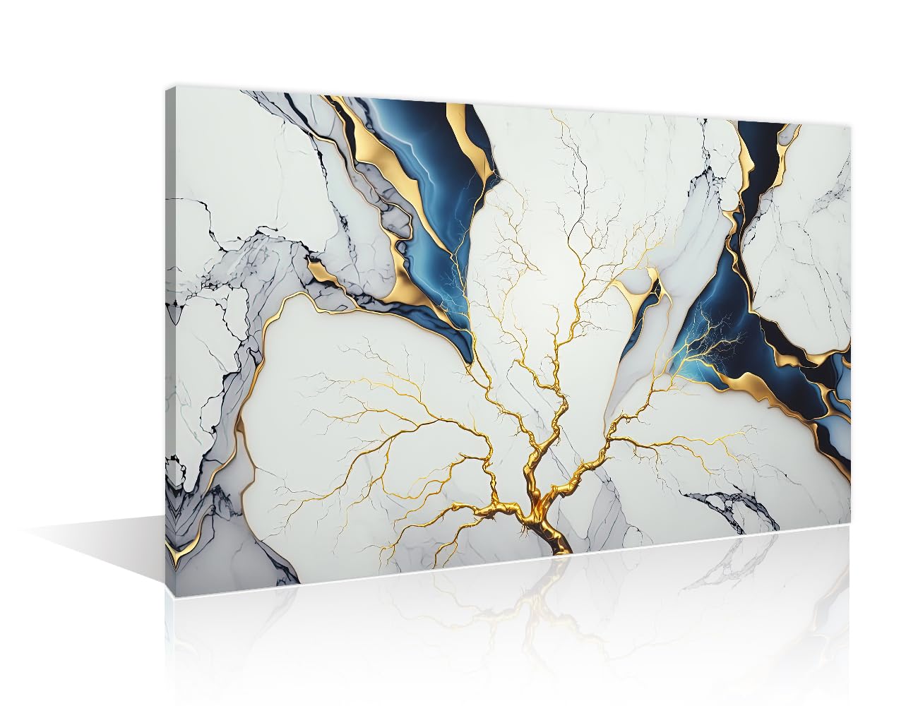 Abstract White, Blue and Gold Marble Art Work for Home Wall Painting Posters & Prints Pictures Canvas Artwork Home Decorations for Living Room Bedroom Giclee Framed Ready to Hang (24"Wx36"H) โ image 1