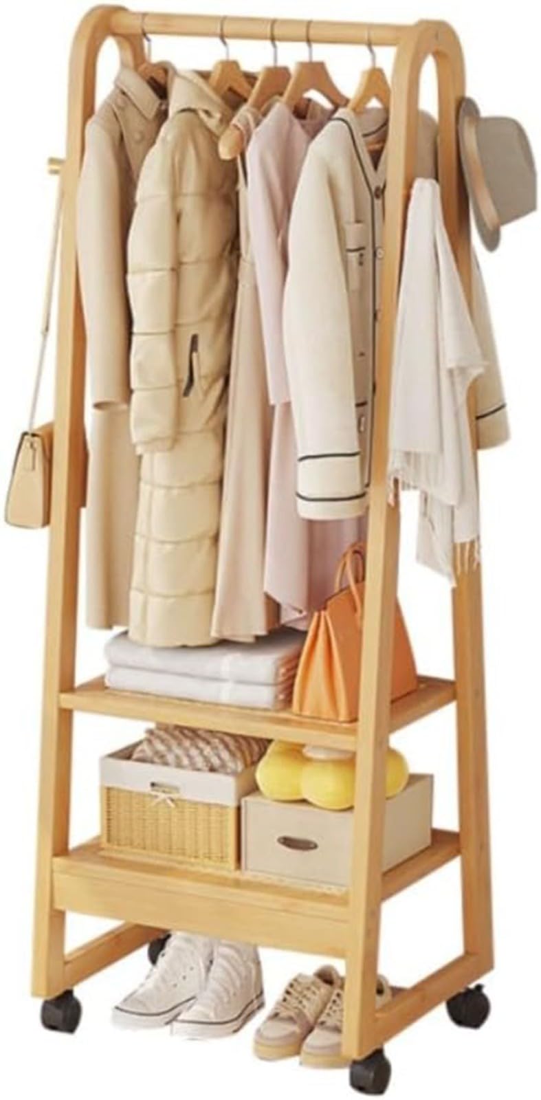 Aycdl B Wooden Garment Rack On Wheels Sturdy Clothing Rack With Hooks Entryway Coat Stand With 2 Shelves For Nizing Clothes And Accessories Stylish & Functional Storage,-50Cm