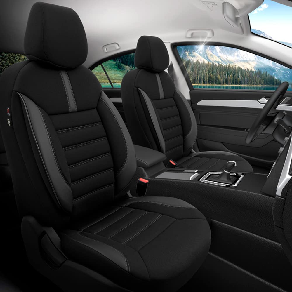 otoM Housse de sièges en textile/cuir 'Limited' Noir + Surpiqûres gris | 11-pièces - universel - adapté aux Side-Airbags