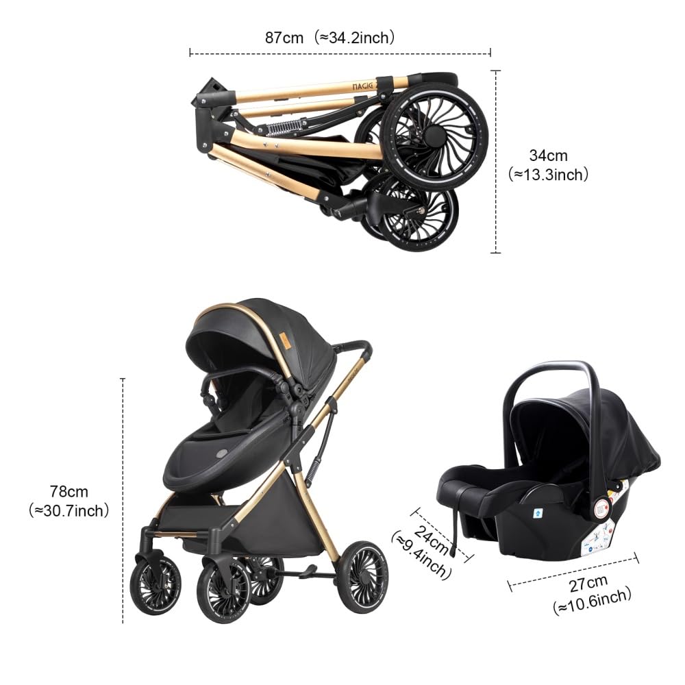 Passeggino 3 in 1 pieghevole reclinabile per neonati e bambini piccoli, ruote per tutti i terreni, con accessori (Nero)