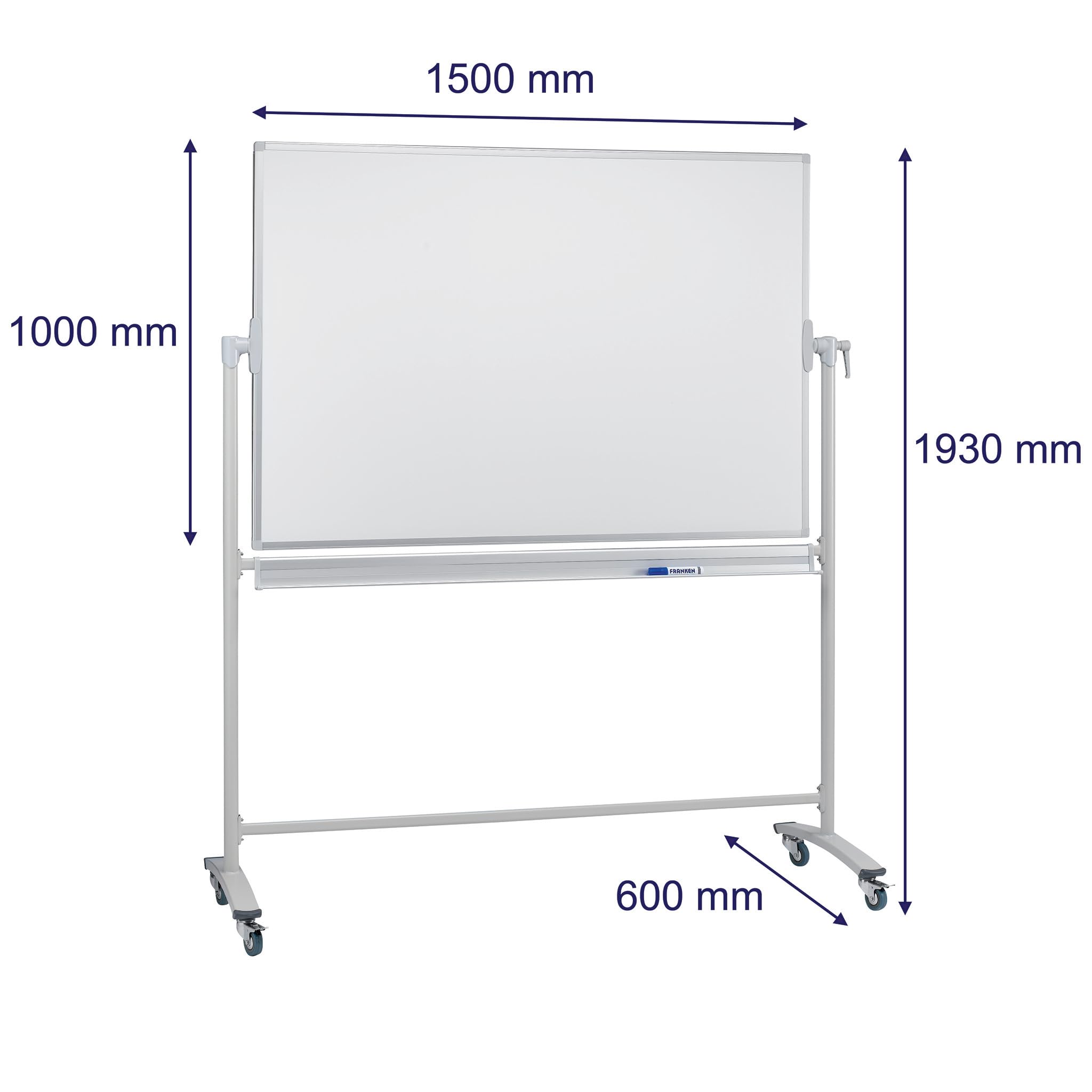 FRANKEN Mobiles Whiteboard, doppelseitig, lackiert, magnetisch, beschreibbar, trocken abwischbar, Whiteboard mit Ständer und Rollen, mit Metallgestell und schwenkbarem Rahmen, 150 x 100 cm, STC202