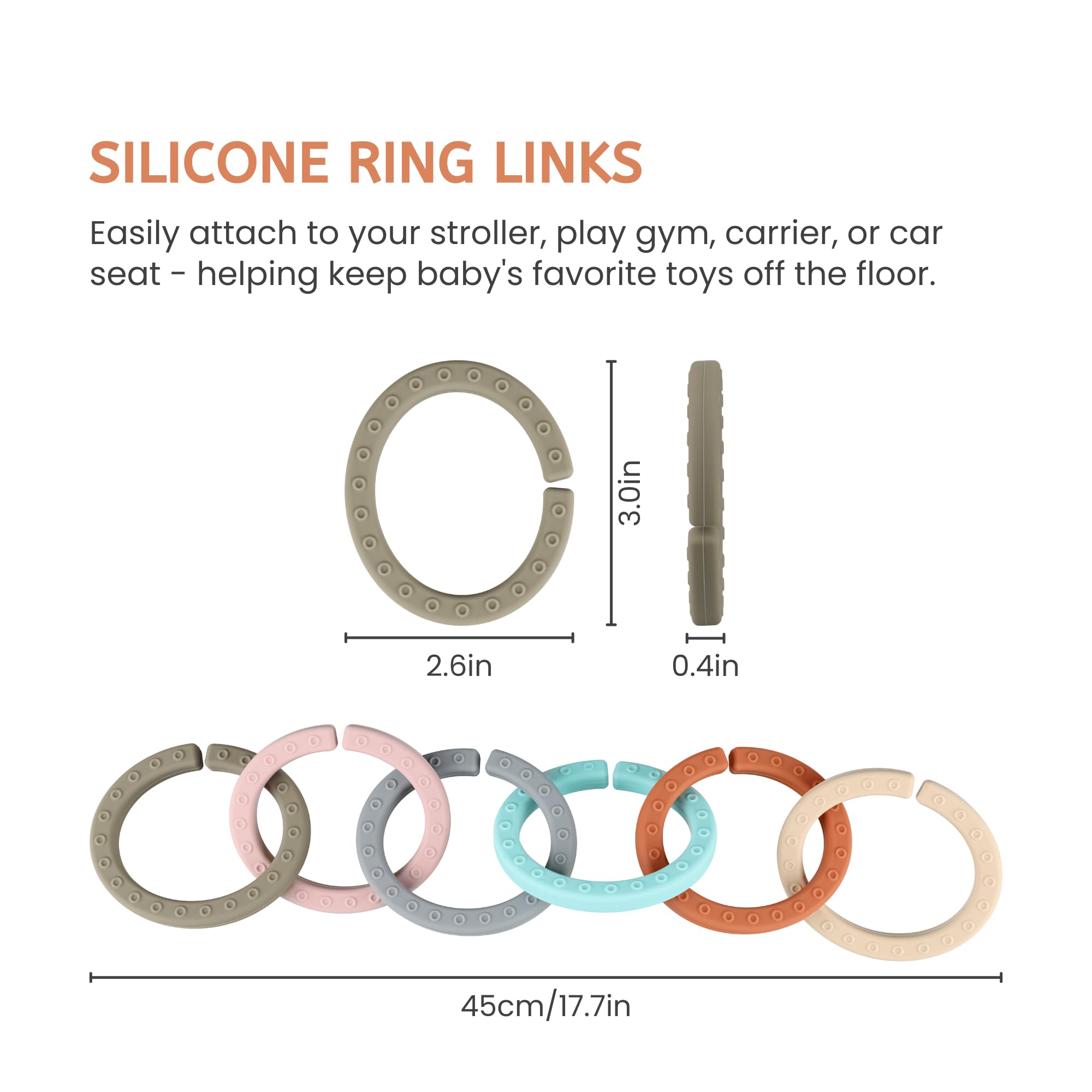 Juego de anillos enlazables para bebé, mordedores de silicona para bebés, se fijan a cochecitos, asientos de coche y más, silicona de grado alimenticio