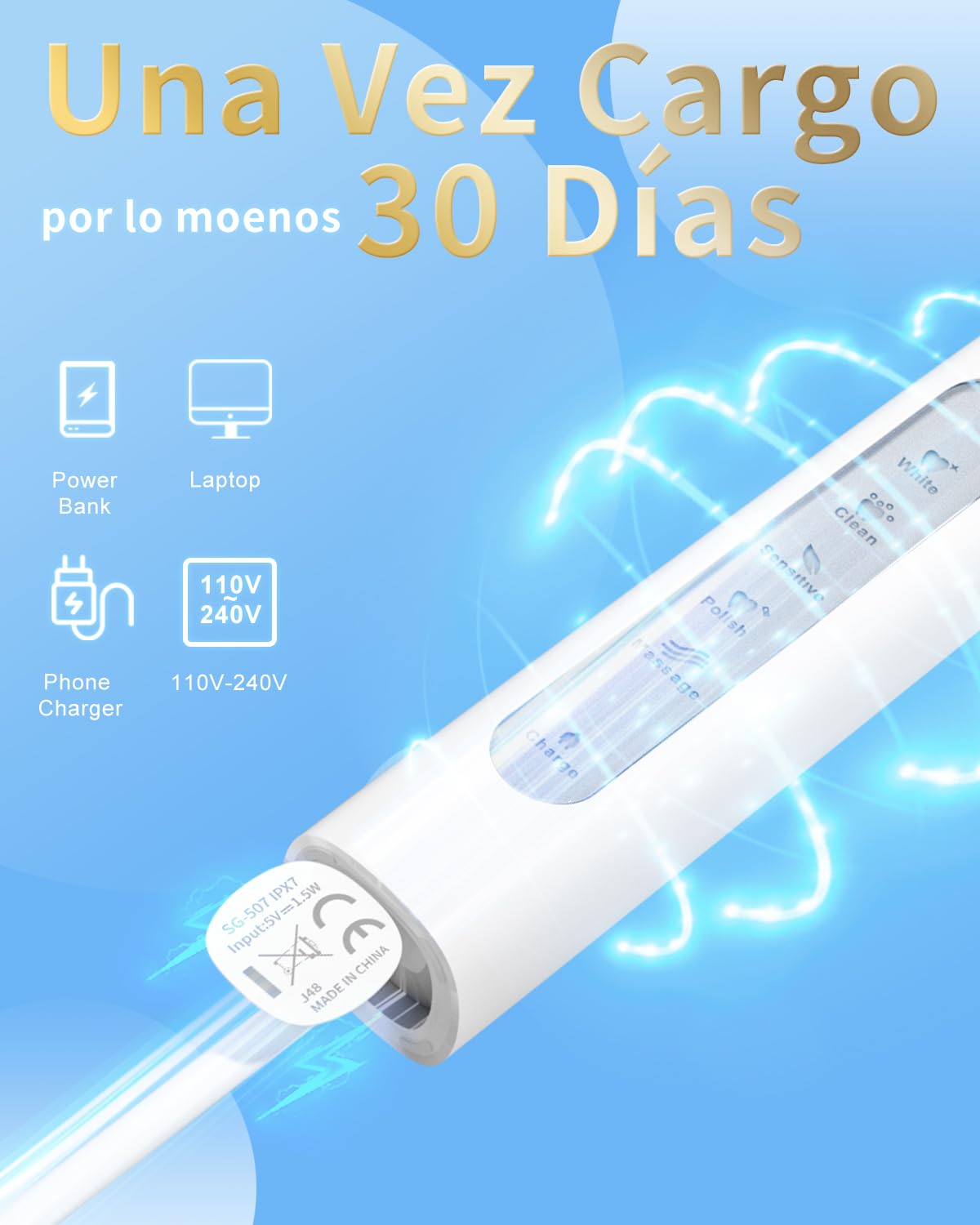 Seago Cepillo de Dientes Eléctrico Sónico, Cepillo Electrico Con 8 Cabezales de Recambio, 40000 VPM 5 Modos Cepillo de Dientes Viaje Para Adultos, Recargable Por USB (Blanco)