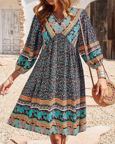 Image of BTFBM Women Casual Spring Summer Dresses V Neck 3 /4 Long Sleeve Ruffle Floral Flowy Boho Babydoll Mini Short Beach Dress