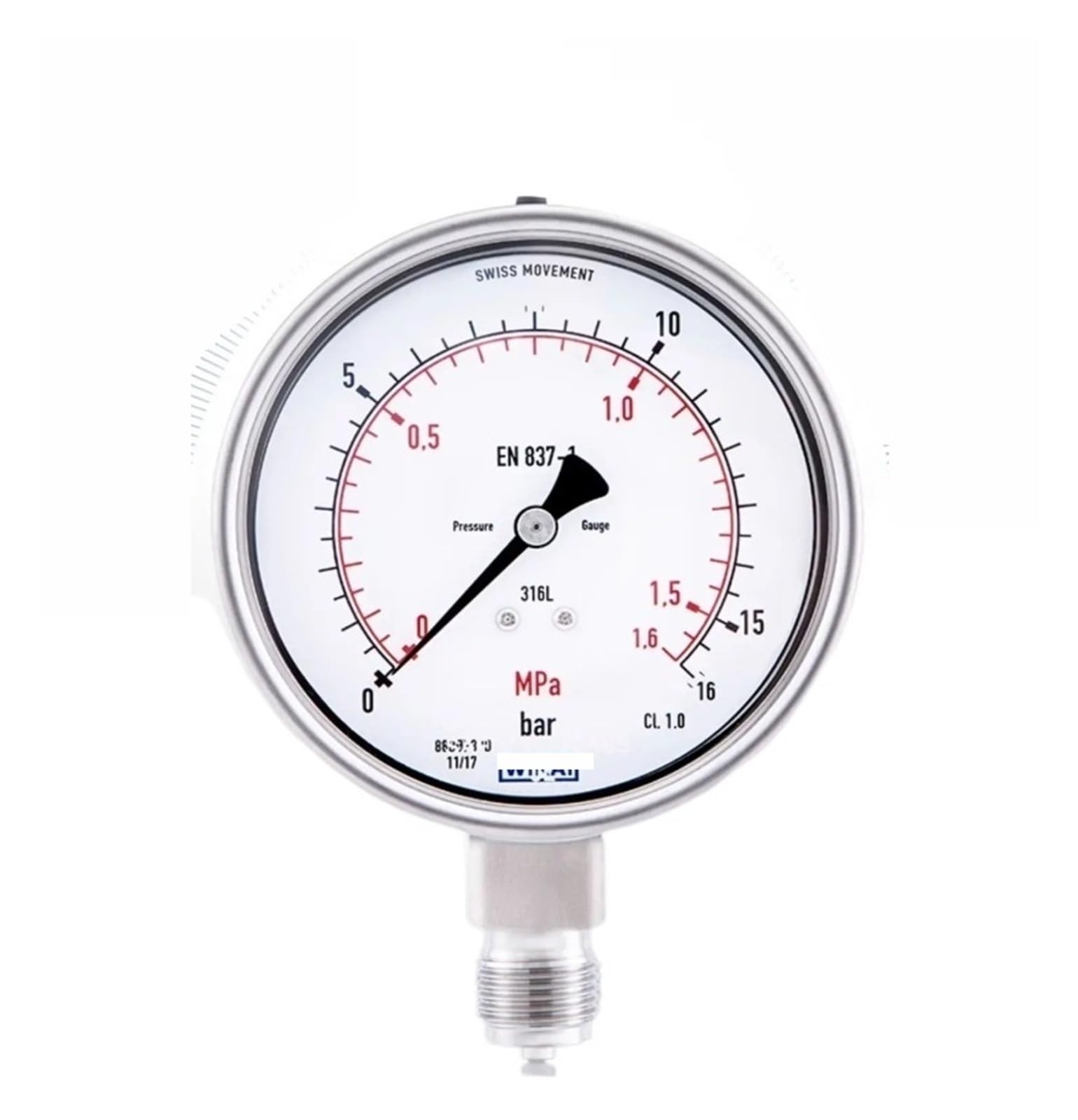Manómetro de tubo Bourdon, 232.50.100, radial, M20 x 1,5, totalmente de acero inoxidable(-1 0 bar/-0.1 0 Mpa)