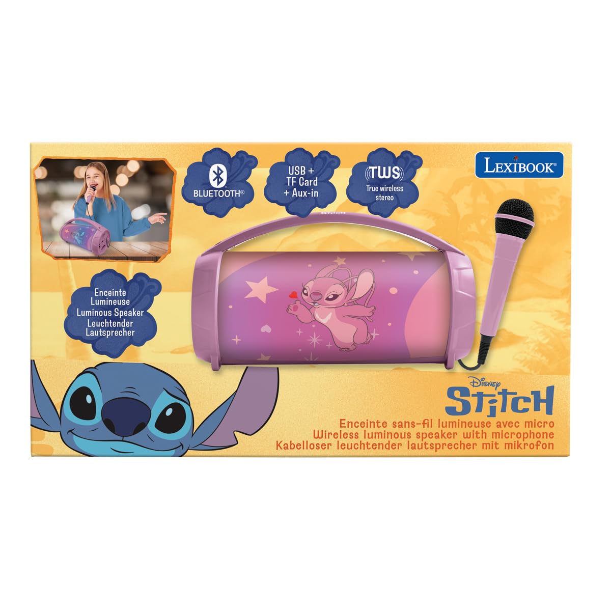 Lexibook, Disney Stitch, Altoparlante Wireless Luminoso Angel con Microfono, Suono Stereo, Karaoke, Porte USB e per schede SD, Batteria Ricaricabile, Maniglia per Il Trasporto, Rosa, BTP585D1ZLXB