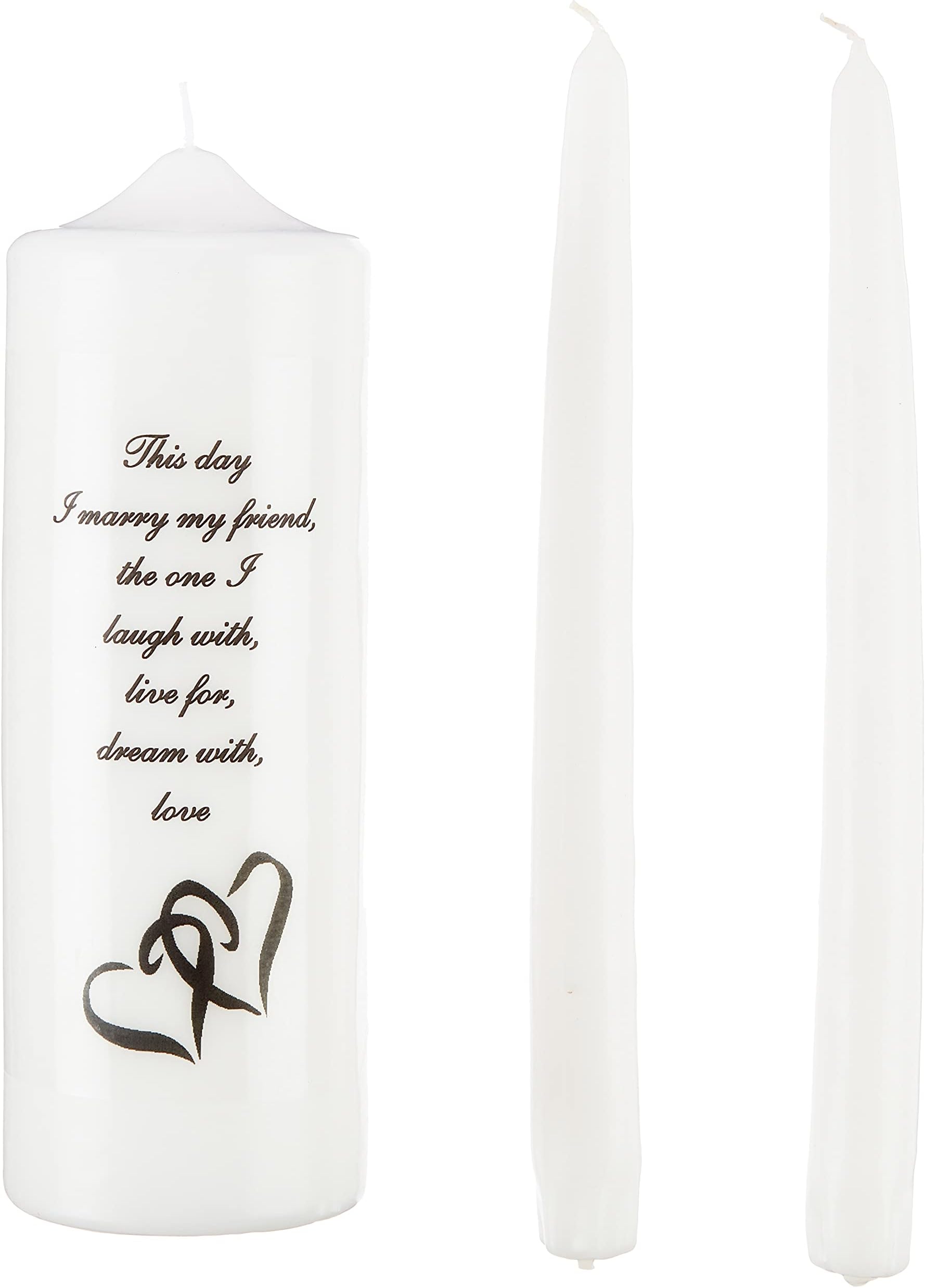Celebration Candles Wedding Unity Candle Set, with 9-inch Pillar with Double Heart Motif and This Day I Marry my Friend Verse, with 10-inch Taper Candles, Ivory