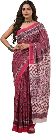 Shagarvika Mulmul Cotton Saree for Women | Hand Block Ajrakh & Bagru Print Sarees | Floral Print Soft Sari | Lightweight C...