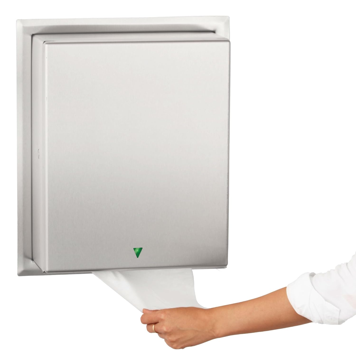 Hand reaching for paper towel from dispenser