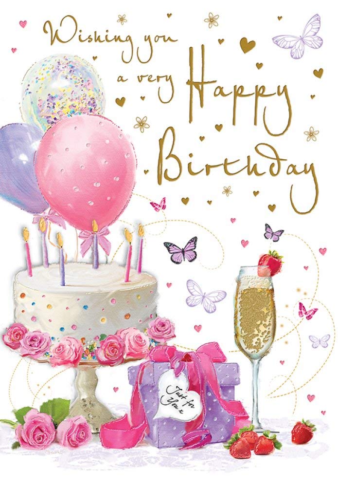 Birthday Card - Wishing You - Cake Balloons Present - Glitter - Regal Quality