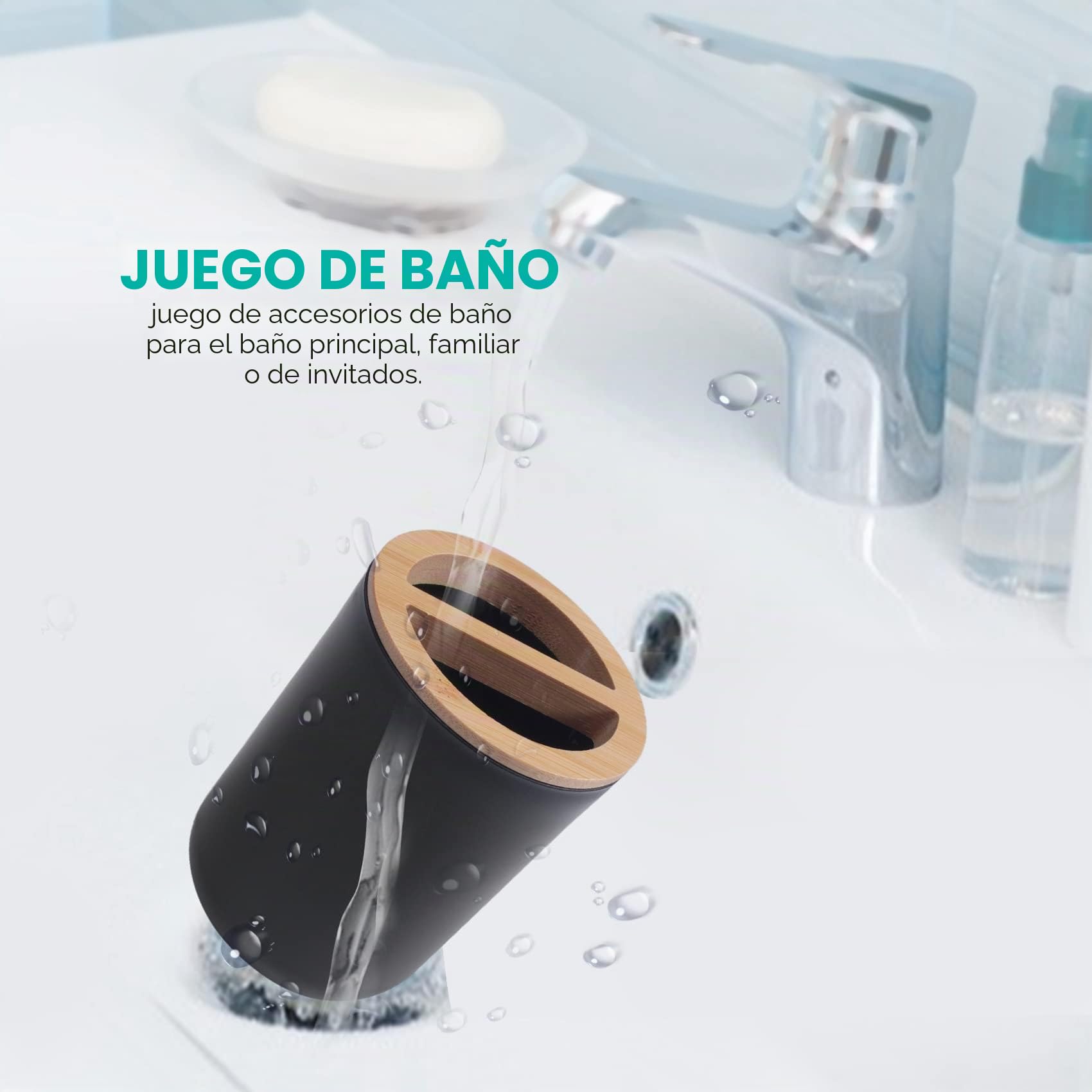 de Accesorios de baño de bambú de 6 Piezas: jabonera, Soporte para Cepillo de Dientes, de Enjuague, Botella de loción, de Basura, Cepillo de Inodoro, para el lavadero del hogar, Negro