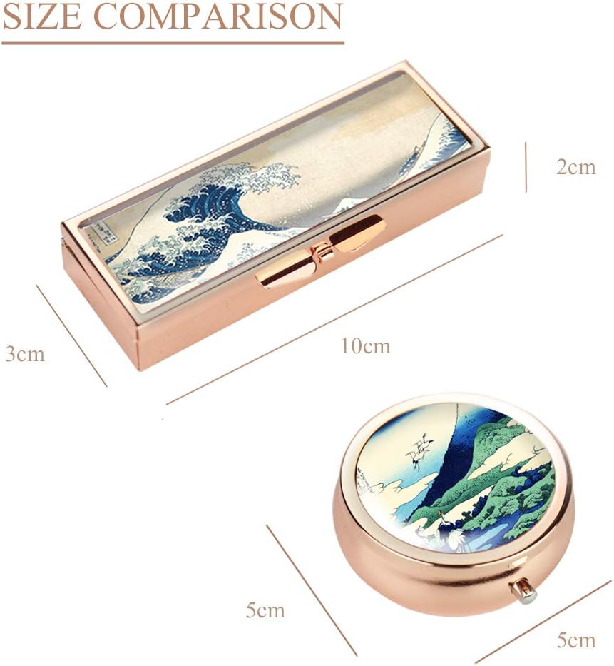 Hennaja Rectangle Pill Box and Round Pill Box,Decorative Pocket Purse Portable Travel Pill Case & Medicine Organizer(1 Pack,2-Japan1)