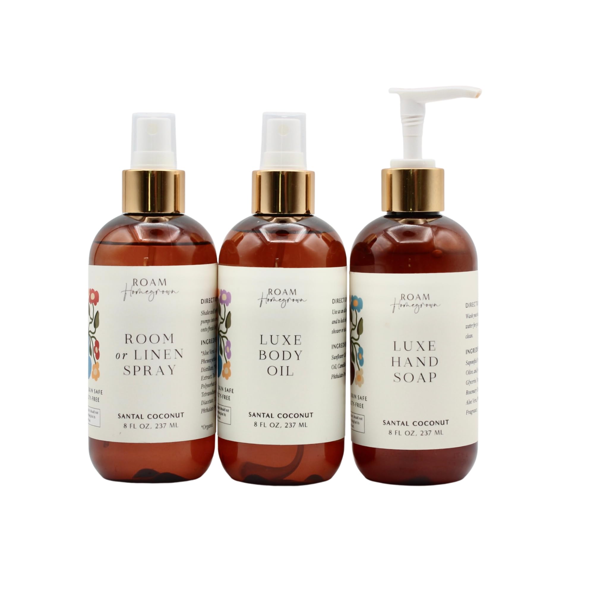 3 Pc Natural Luxury Bath and Body Set - Santal Coconut Body Oil, Soap Dispenser Set & Room Spray for Bathroom, Guest Bath