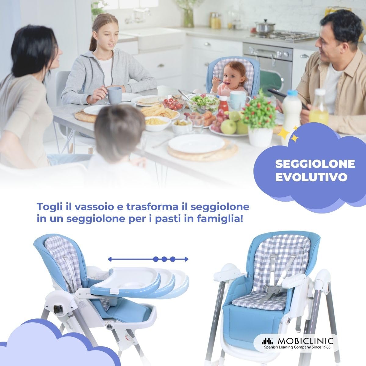 Mobiclinic®, Seggiolone a dondolo evolutivo, 3 in 1, 6-36 mesi, 15 kg, Pieghevole, Regolabile altezza e sullo schienale, Doppio vassoio rimovibile, Rotelle 360°, Imbracatura 5 punti