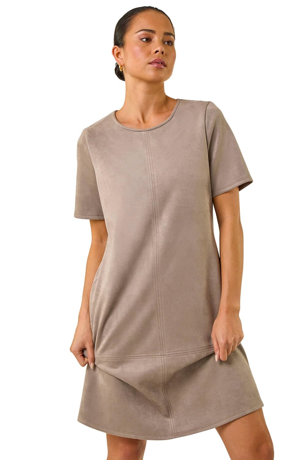 Roman Petite Faux Suede Shift Dress for Women UK - Ladies Everyday Autumn Winter Round Neckline Comfy Soft Evening Vacation Work Party Night Out - Taupe - Size 14