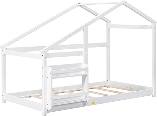 Miniatura 6 de Harper & Bright Designs Cama Montessori de madera tamaño individual con estantería, no necesita somier, para niños y niñas, color blanco