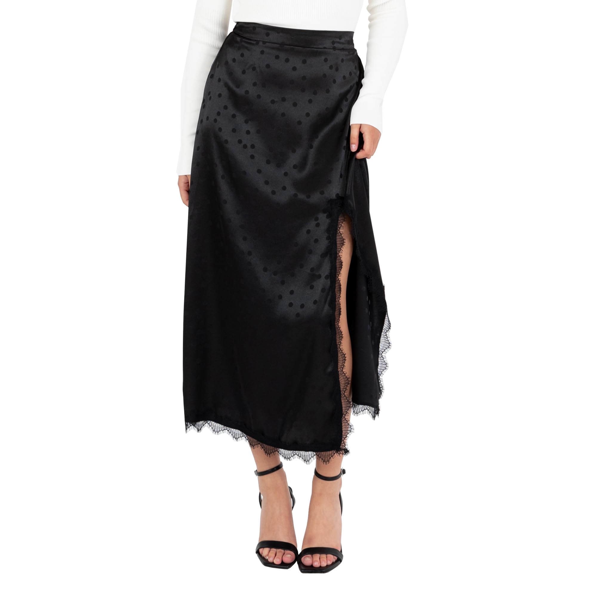 Women's Midaxi Skirt Ladies Satin Lace Trim Split Hemline Polka Dot Spot Print A-line Occasion Evening Party Cocktail