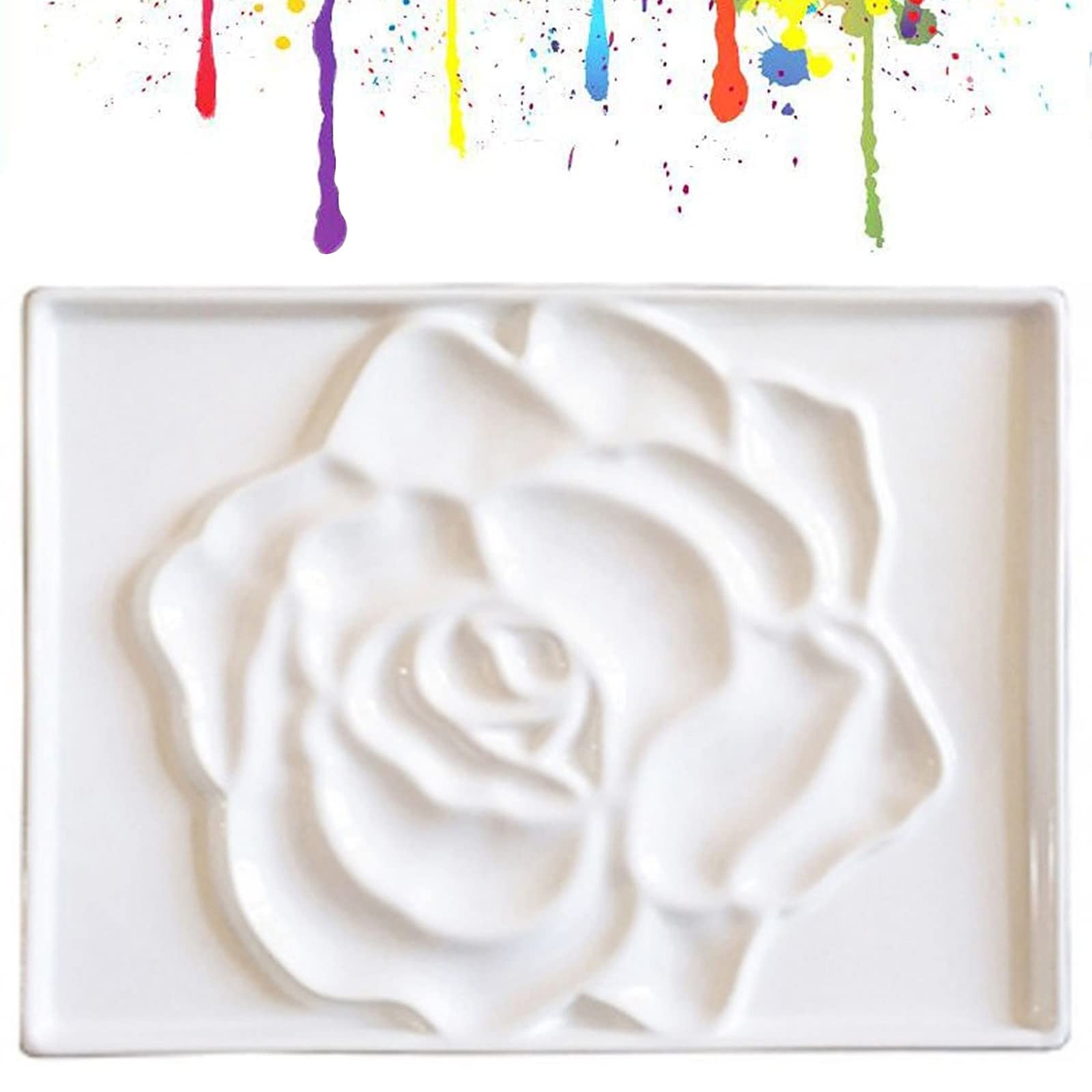 Paint Palette, Flat Ceramic Paint Palette, White Rose Rectangular Mix Tray for Watercolor Gouache Oil