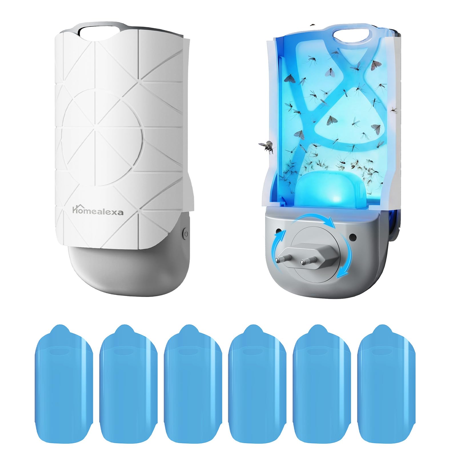Homealexa Trappola per Moscerini della Frutta LED UV, Trappola Insetti Elettrica contro Moscerini, Mosche e Falene, Spina Rotante 180°, con 6 Ricariche, per Cucina e Casa