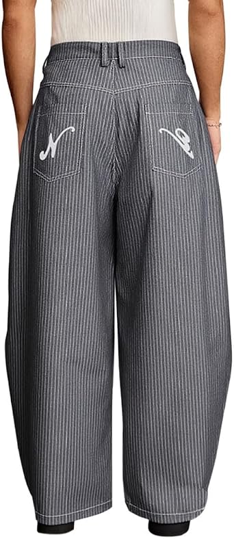 HZCX FASHION Mens Baggy Barrel Zip Pin Strip Denim Jeans | Wide Leg Embroidery Machete Curved Denim Pants Loose Fit Hip Hop Vintage Relaxed Fit Trousers Streetwear Casual All Season