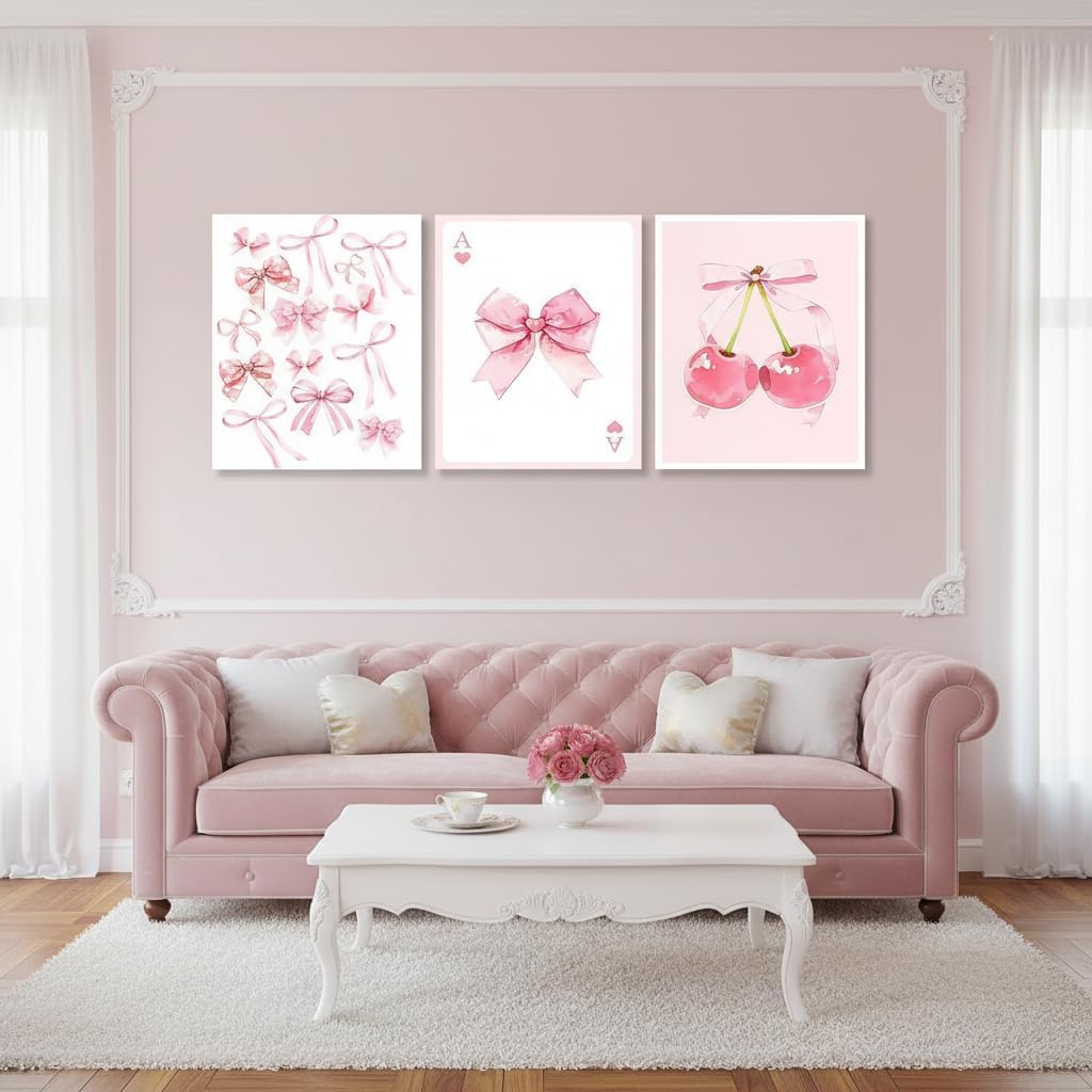 Erosebridal Pink Bows Canvas Wall Art Set Of 3, Modern Trendy Pink Cherry Wall Pictures, Watercolor Bowknot Poster Prints Preppy Girly Room Aesthetic Paintings For College Living Room Bedroom