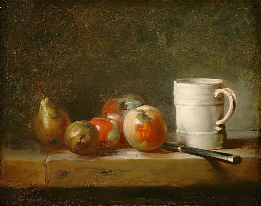 Toile murale abstraite et nature morte à la chope blanche Chardin 60x90cm salon