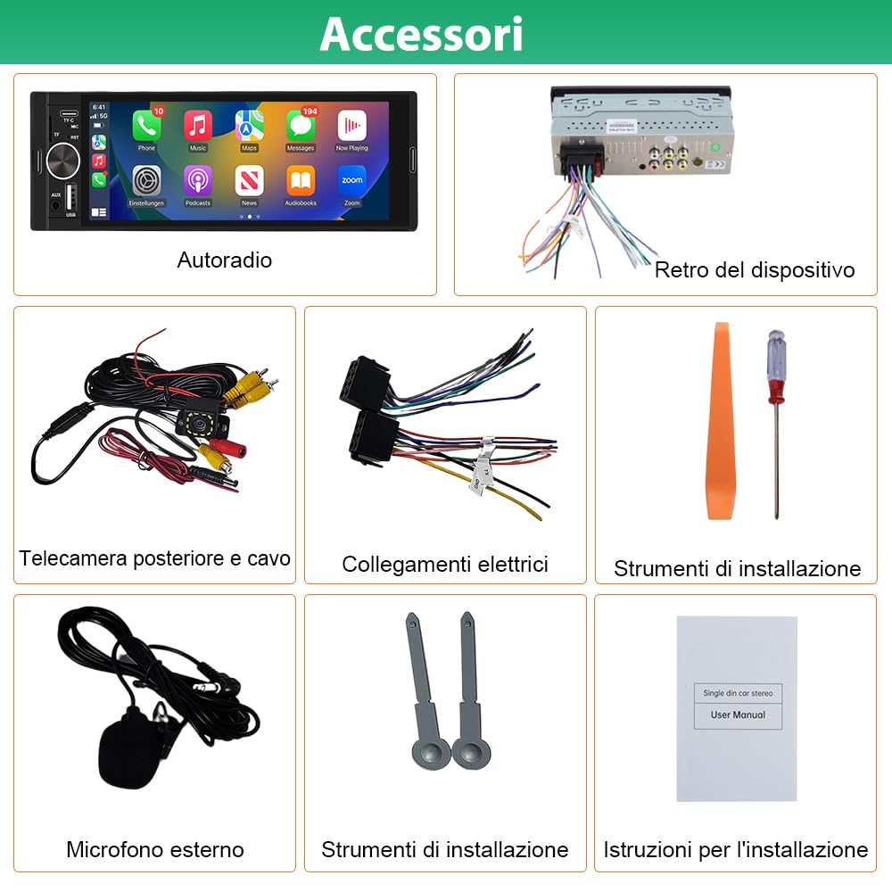 AWESAFE Autoradio 1 DIN con Schermo Inclusa la Telecamera posteriore | Car Radio con Wireless CarPlay Android Auto Bluetooth FM AUX Tipo-C