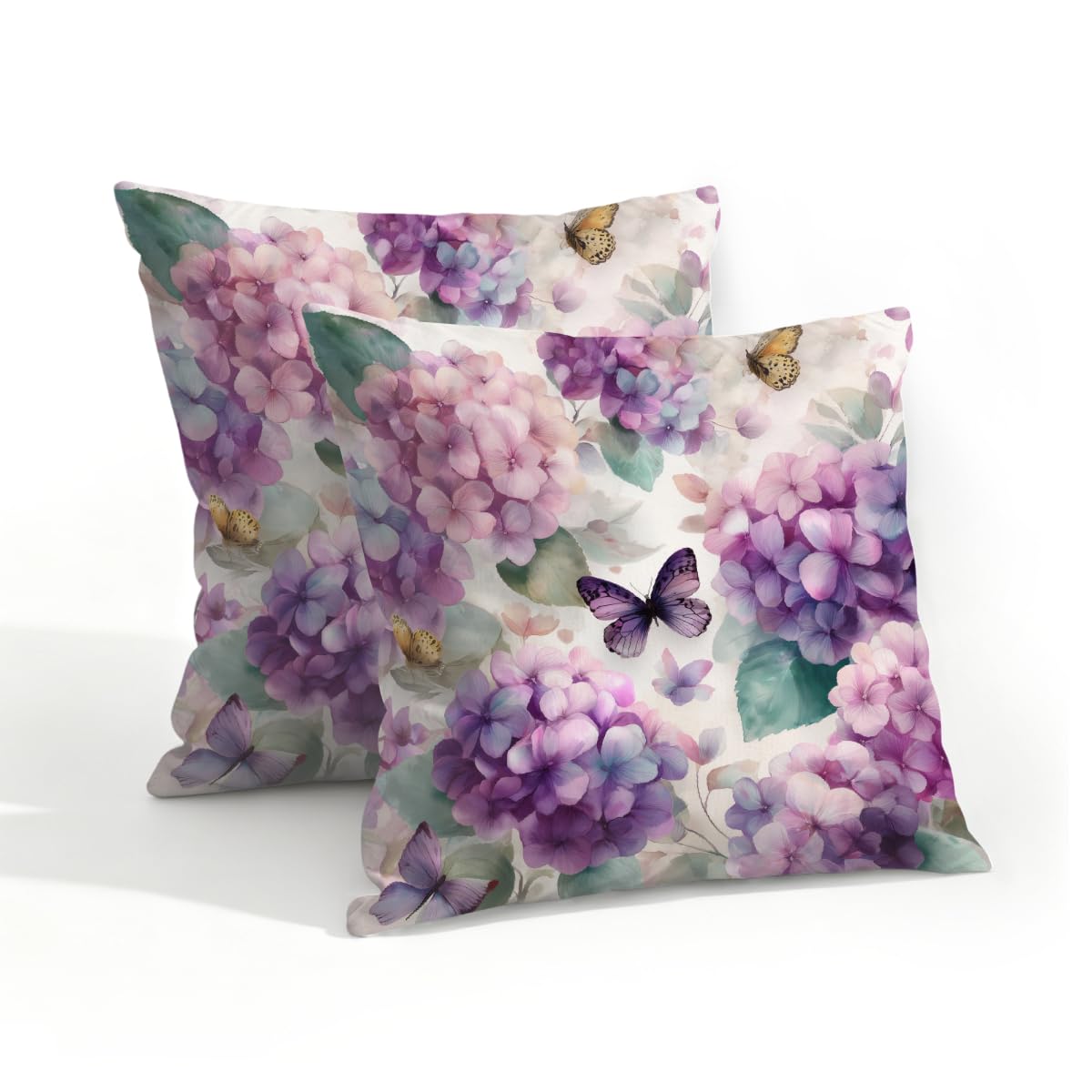 Outdoor Pillow Covers Waterproof Pillowcases 18x18in Set of 2Hydrangeas Flower Butterflies Decorative Throw Cushion Case for Couch Sofa Garden Patio Furniture