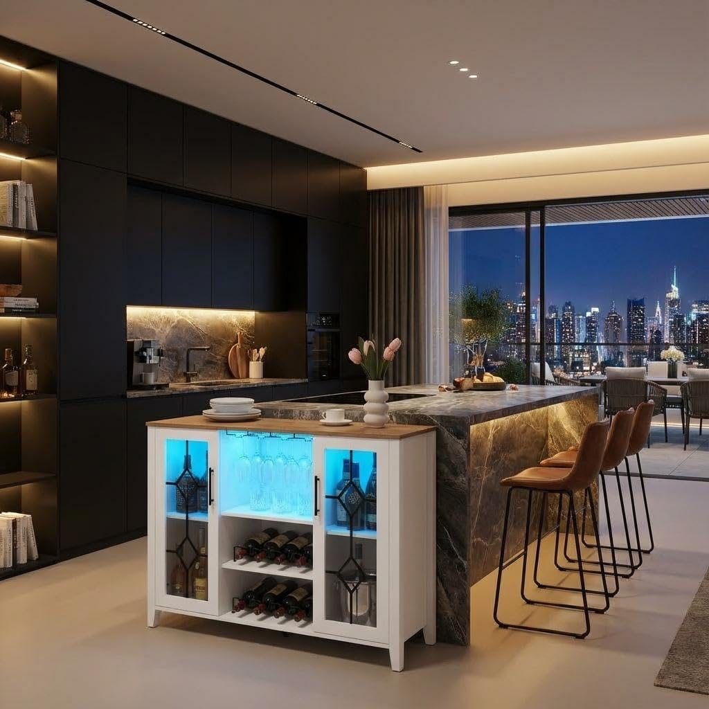 GarveeHome Wine Bar Cabinet with LED Light, Home Coffee Cabinet with Wine and Glass Rack, Kitchen Buffet Sideboard with Storage, Liquor Cabinet for Bar, Dining Room, Kitchen,White