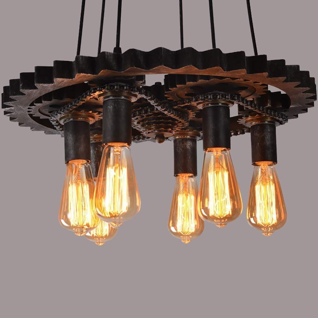 Daoke Chandelier, 6-Lights Chandeliers- Farmhouse Chandelier Retro Industrial Wood Work Art Iron Study Chandelier Creative Antique Retro Gear Ceiling Pendant Light Restaurant Cafe Bar D