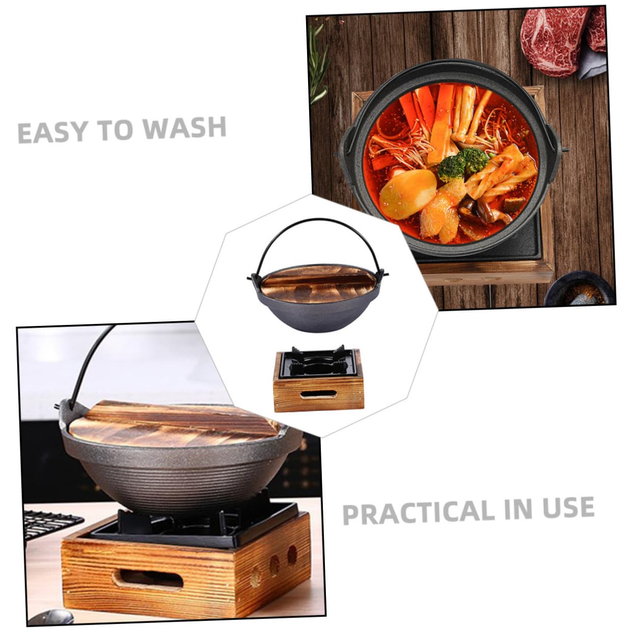 UPKOCH Olla Diseño Resistente de Hierro y Madera Estilo Japonés de Hierro Fundido para Cocinar Fideos Instantáneos con Material Seguro Adecuado para Cocina en Casa