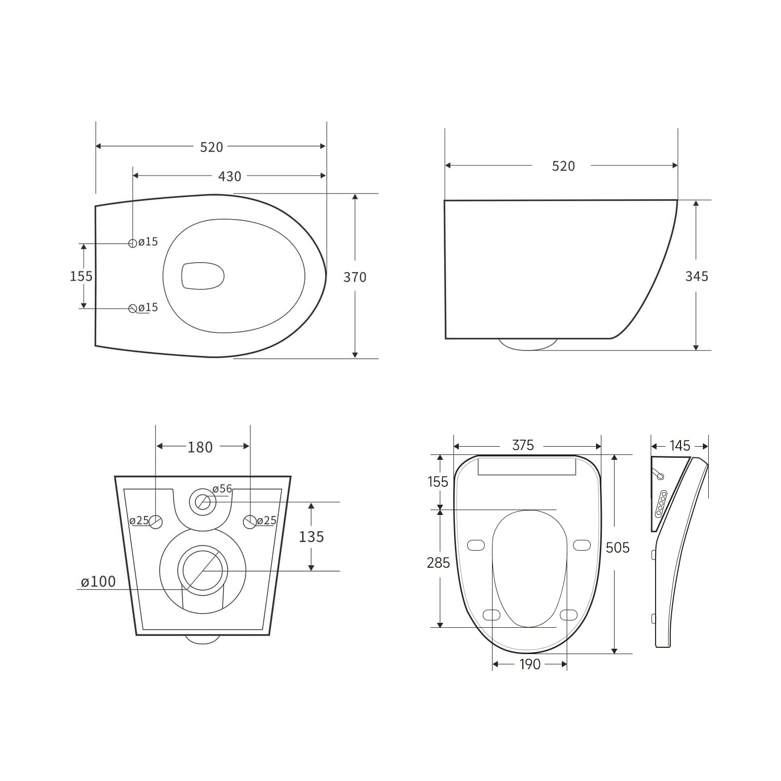 HOROW Wand WC Spülrandlos Set mit Intelligenter Toilettensitz O-form | Komplettpaket für keine Auswahlschwierigkeiten, Dusch WC Sitz mit umfassender Ausstattung, Hänge WC mit starker Spülkraft