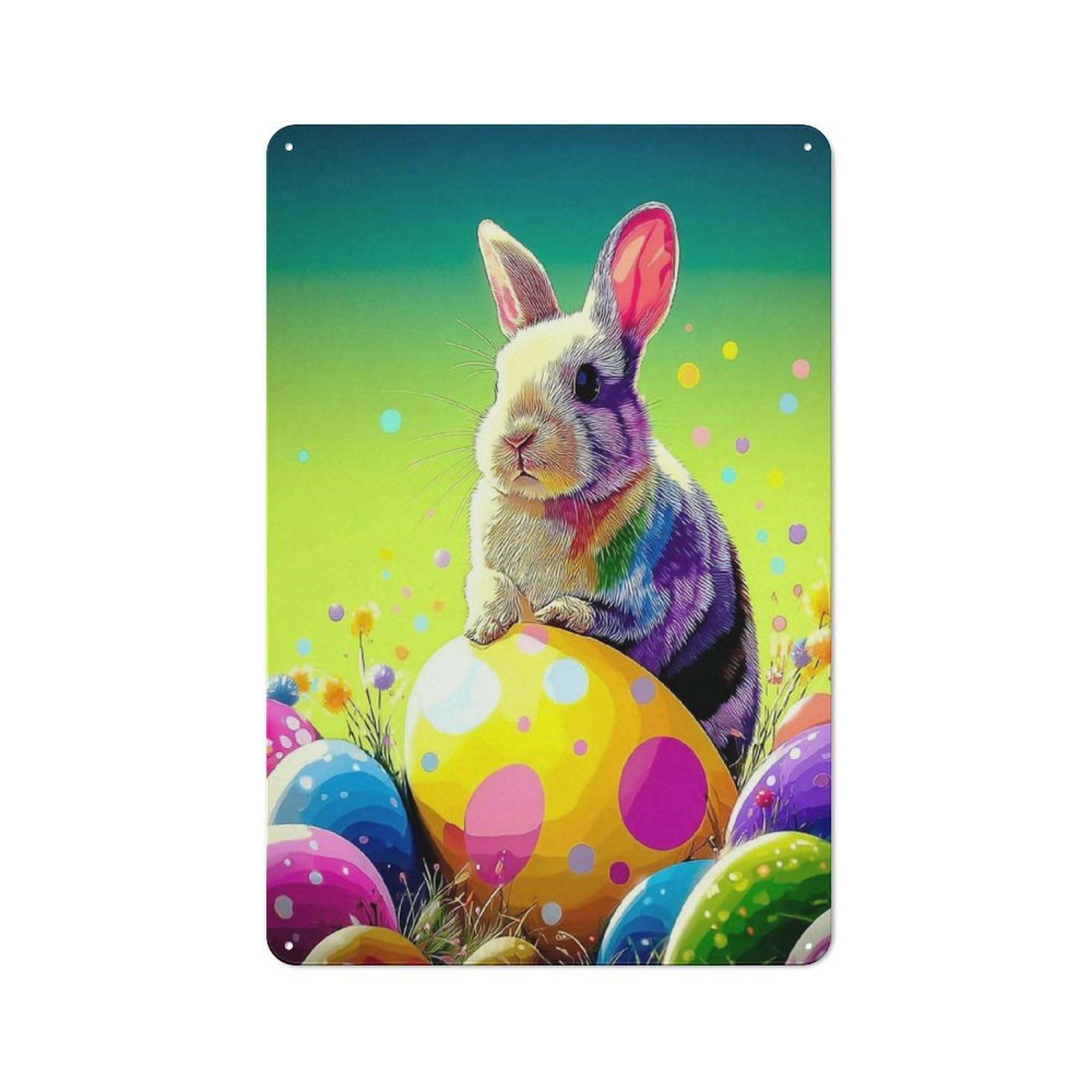Junmoney Colorful Easter Bunny With Eggs -4 Metal Wall Sign 30X20cm Featuring For Home Bar Wall, Housewarming Present For People Styling Home Bar