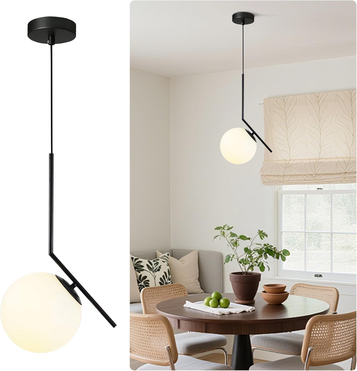 Modern Pendant Light, 1-Light Black Glass Globe Ceiling Pendant Lamp, Bedside Matte Hanging Pendant Light Fixtures for Bedroom Living Dining Room Kitchen