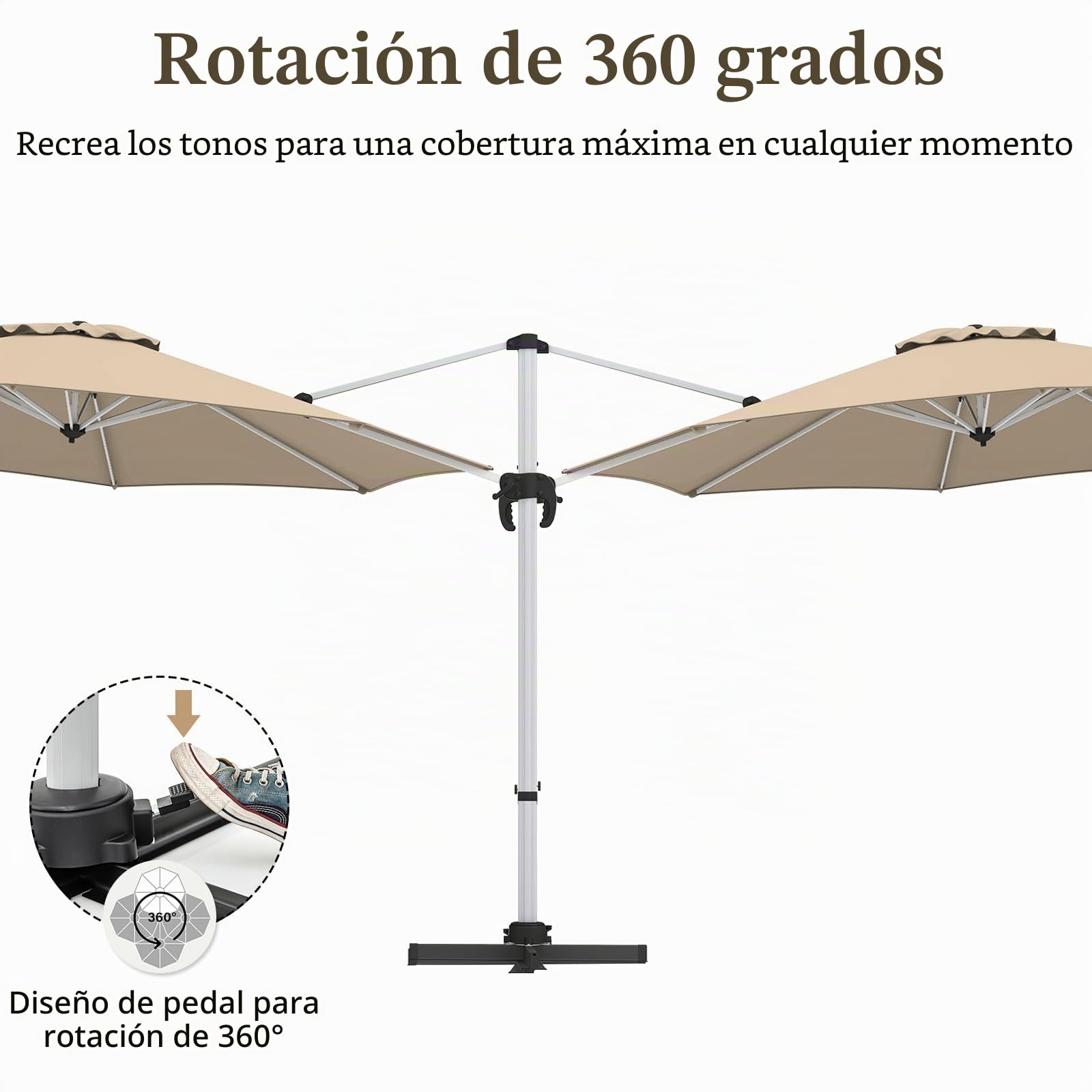 KOMFOTTEU Sombrilla Ø330 cm de Jardín, Sombrilla Giratoria 360° con Ángulo de Inclinación Ajustable, Parasol Cuadrado con Base Cruzada y 8 Varillas, Sombrilla de Terraza con protección UV