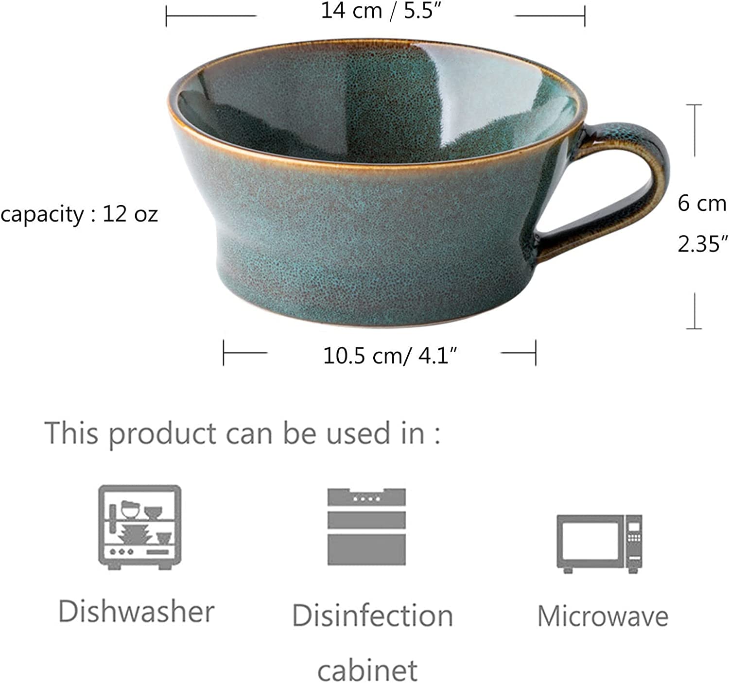 Tazón Grande, tazones de Sopa, cerámica con asa, Taza pequeña para Desayuno, tazón de Postre Verde, tazón de Sopa pequeño para microondas，Green-Green