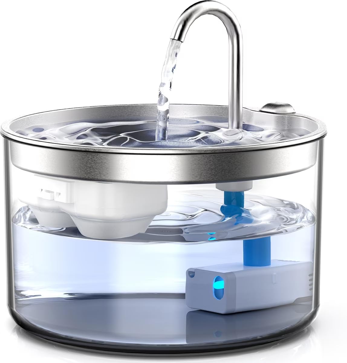 Casfuy PWB-004 - Fuente de agua silenciosa para gatos sin BPA con base de vidrio y bandeja de acero inoxidable, 95 onzas