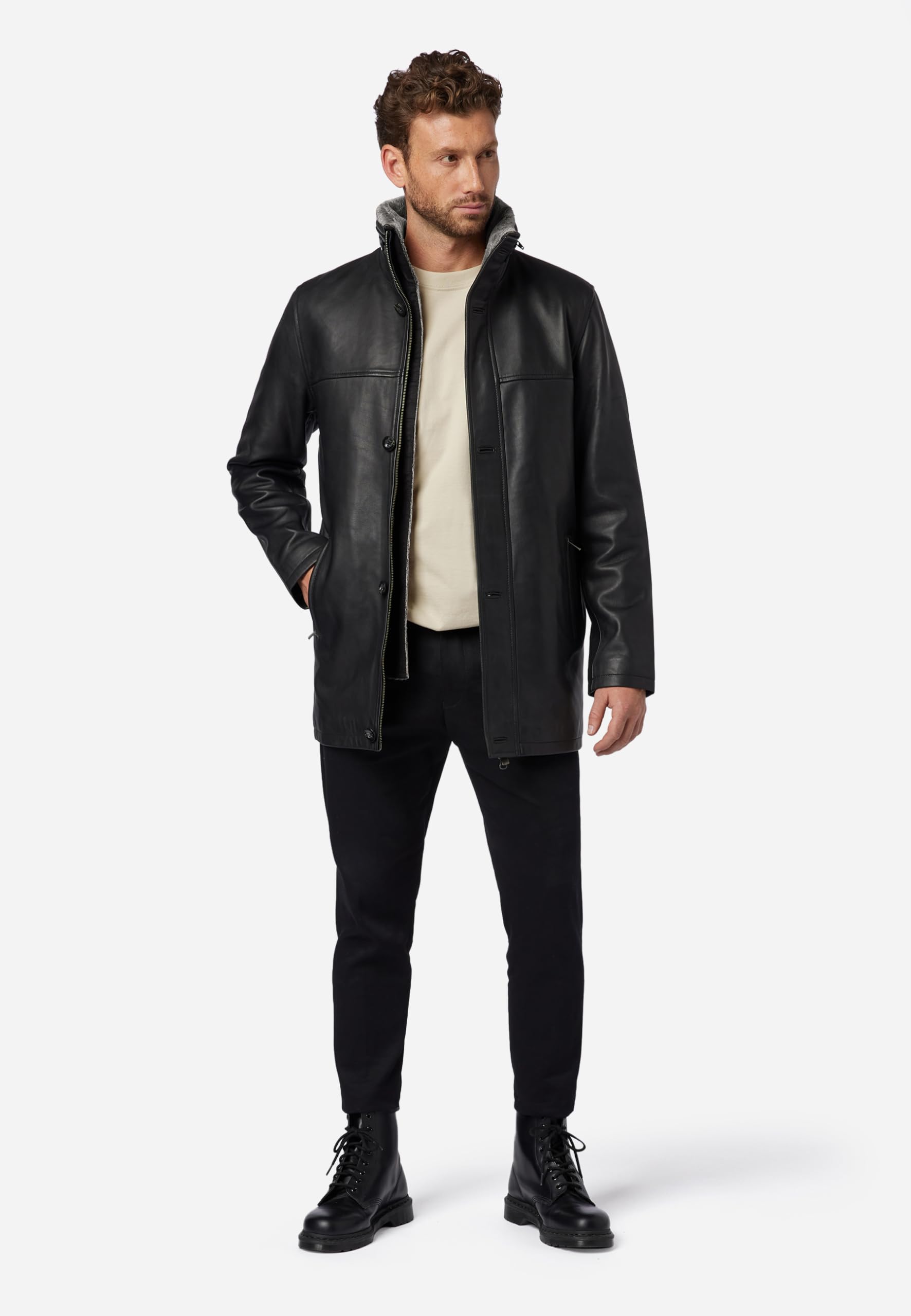 RICANO Jemenez - Herren Leder-Kurzmantel mit Stehkragen, abtrennbarer Kunstfellfütterung und Zierzipper (Slim Fit) - hochwertiges Lamm Nappa Leder