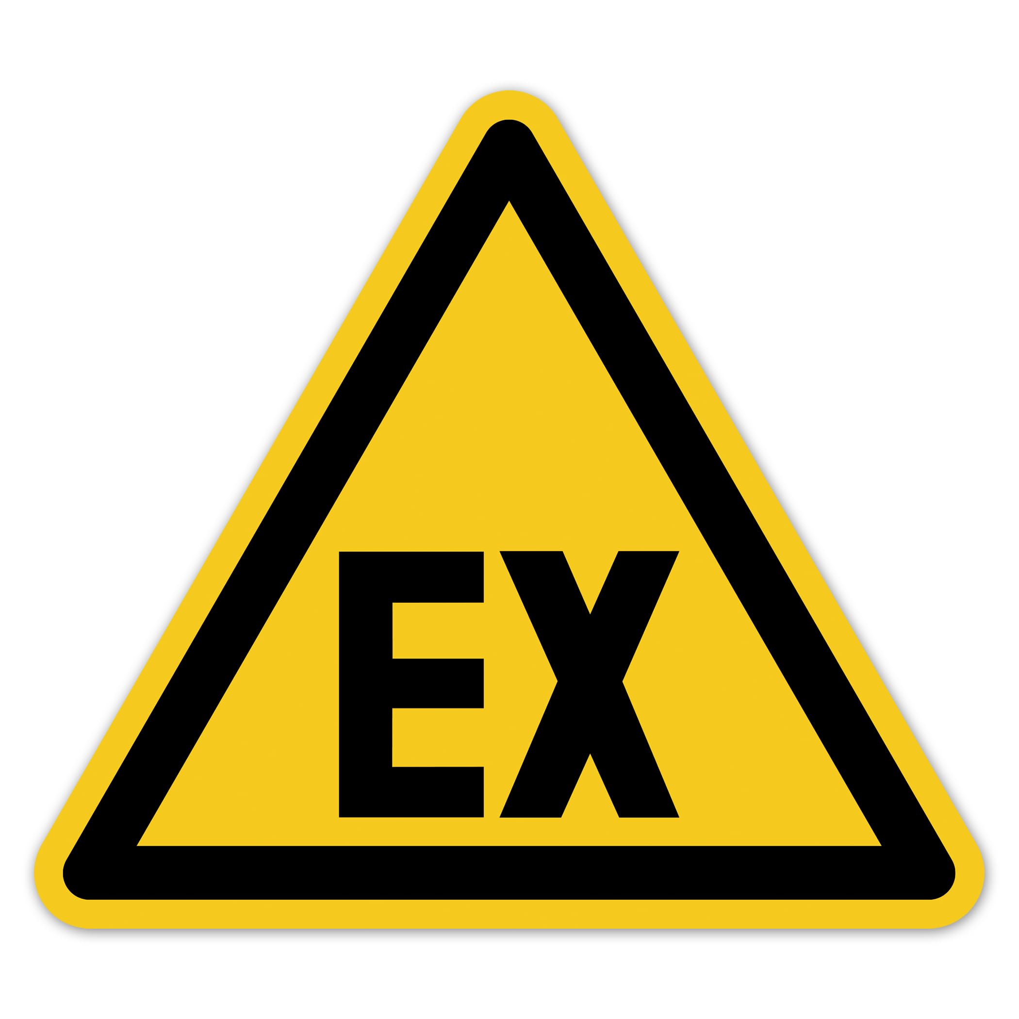 Señal de advertencia de atmósfera explosiva, símbolo de advertencia EX según DIN EN ISO 7010 D-W021 – Adhesivo de advertencia autoadhesivo para laboratorio industrial LTI006 (100, 200 mm)